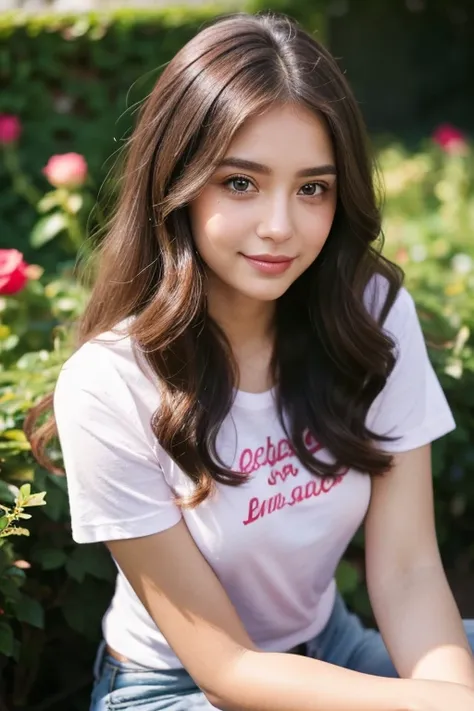 Beautiful girl looking at the viewer , Crop Pink T-Shirt Jeans Shorts ,, clear white skin, soft cheeks, Smiling charmingly, seeing ,Sharp face, Brown eyes ,  sitting in a rose garden
Big Breasted , earring, Long hair, brown hair , Long natural curls , 