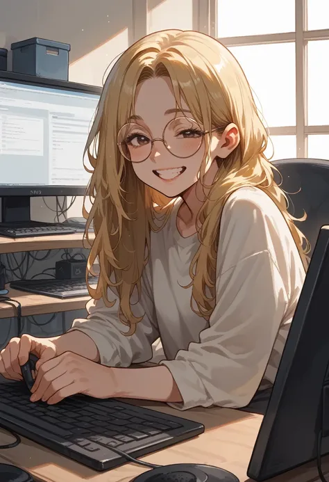   well-dressed blonde with long, loose hair , With wideners in the ears ,  round glasses working on the computer,  with a happy face 