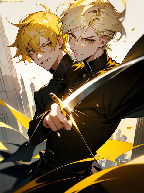 1masculino, young adult, light yellow hair,  short hair, bright yellow eyes,  tousled hair, Radiant, cool guy, smirk, black clothes,  black clothes, city clothes, two katanas, Masculine, beautiful lighting, city, face close up, close face, Yin-Yang powers