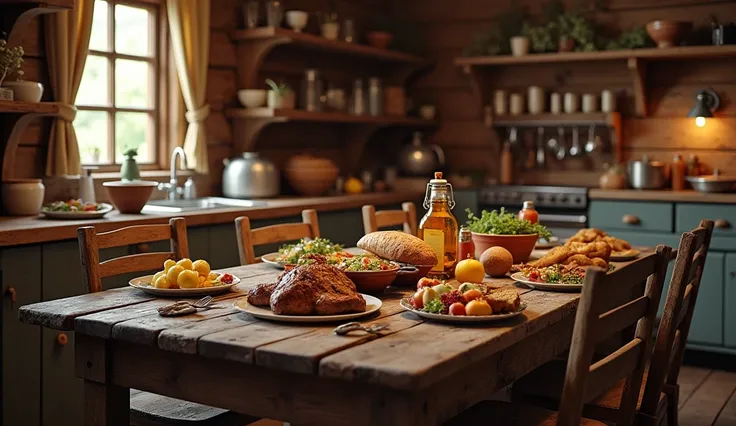 rustic cabin, old wood table, kitchen,  feast, 