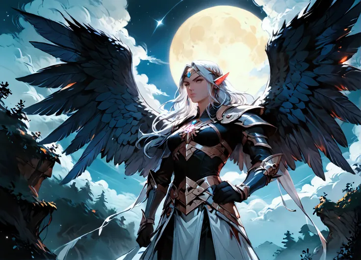 score_9, score_8_up, score_7, an epic fantasy art portrait of aasimar, female, paladin ready for battle under the full moon, holy warrior, spread large feathered wings, majestic wings, white angelic wings spread (Masterpiece, intense details: 1.5), moon li...