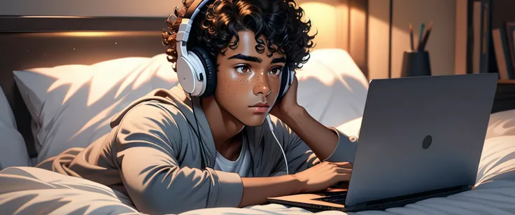 A black dark skin boy with black curly hair and brown eyes, he has freckles on his face. He is lying in bed, with his laptop studying or investigating something, he is wearing headphones and very concentrated. ((Masterpiece)), ((High Resolution)), 4K