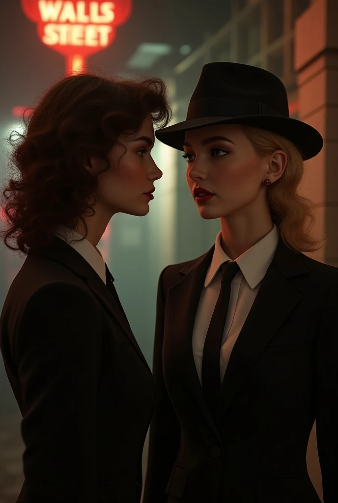 A brunette girl with curly hair and a blonde girl in a mobster outfit 