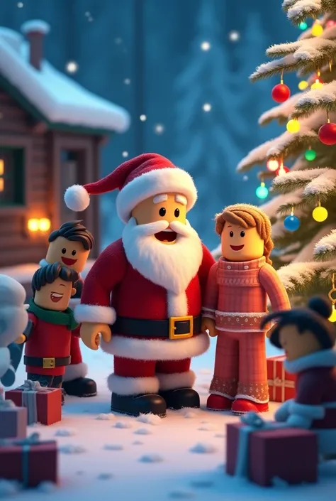 Christmas scene with Roblox characters along with Santa Claus