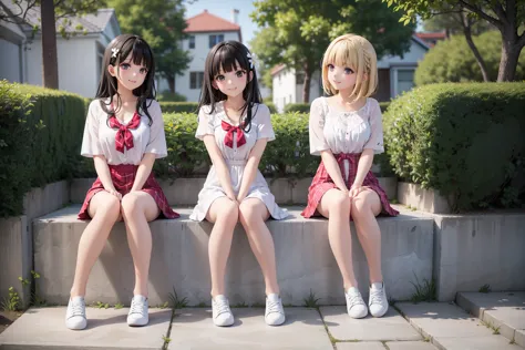 three happy girls were sitting on a stone staircase。, full body photography、 smiling happily 、she was wearing a white blouse, va...