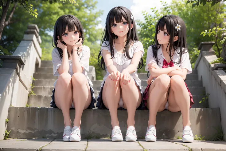  Three happy girls were sitting on a stone staircase。, Full body photography、 smiling happily 、She was wearing a white blouse, Vans sneakers,  red check skirt 、 white sneakers ,  Black Hair , Isolated house, flower,Happy girl with round face, Big Eyes,  Lo...