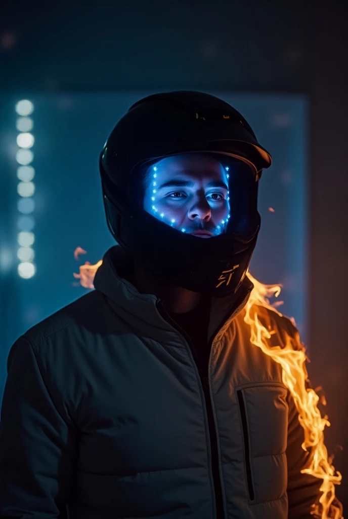 Create a image of man standing with black helmet and background one B & M letter with blue lights half pic front side of face with white jacket with lot fire near him