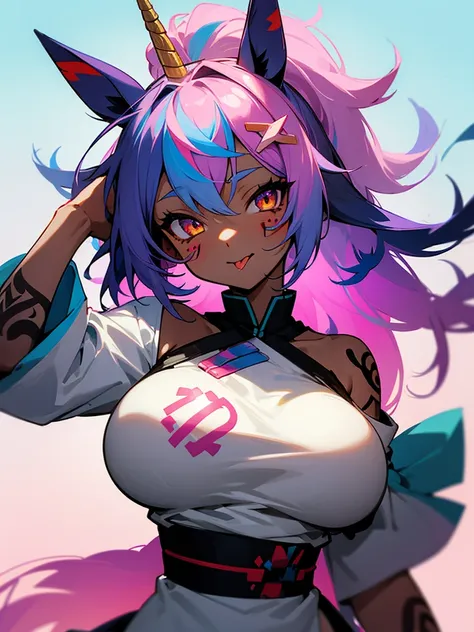 cute girl, Multi-colored hair,  Big breasts , horse ears,  Tongue sticks out, throw, mark on the head, Unicorn horns on the forehead , Anime style, dark skin, black skin, Tribal tattoos, chibi style.