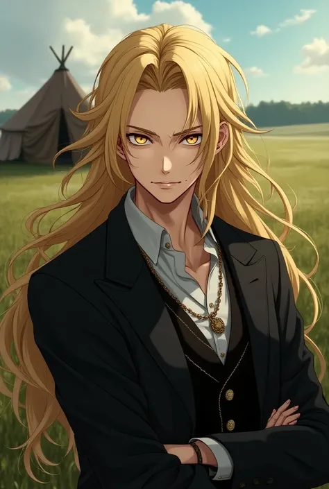 anime art, long blond hair, beautiful man, golden eyes, sarcastic smile, using a a dark coat, victorian clothes, alchemist suplies on his hand, tent on background, grass fields on background
