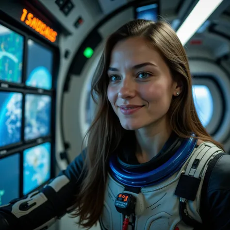 Beautiful real American woman, brown hair, mid 20s, oval face, eye contact with monitor on the wall, one eye is a mechanical scope eye, wearing iris colored futuristic space suit, cables conenncted, high quality ultra realistic spaceship interior, smiling,...