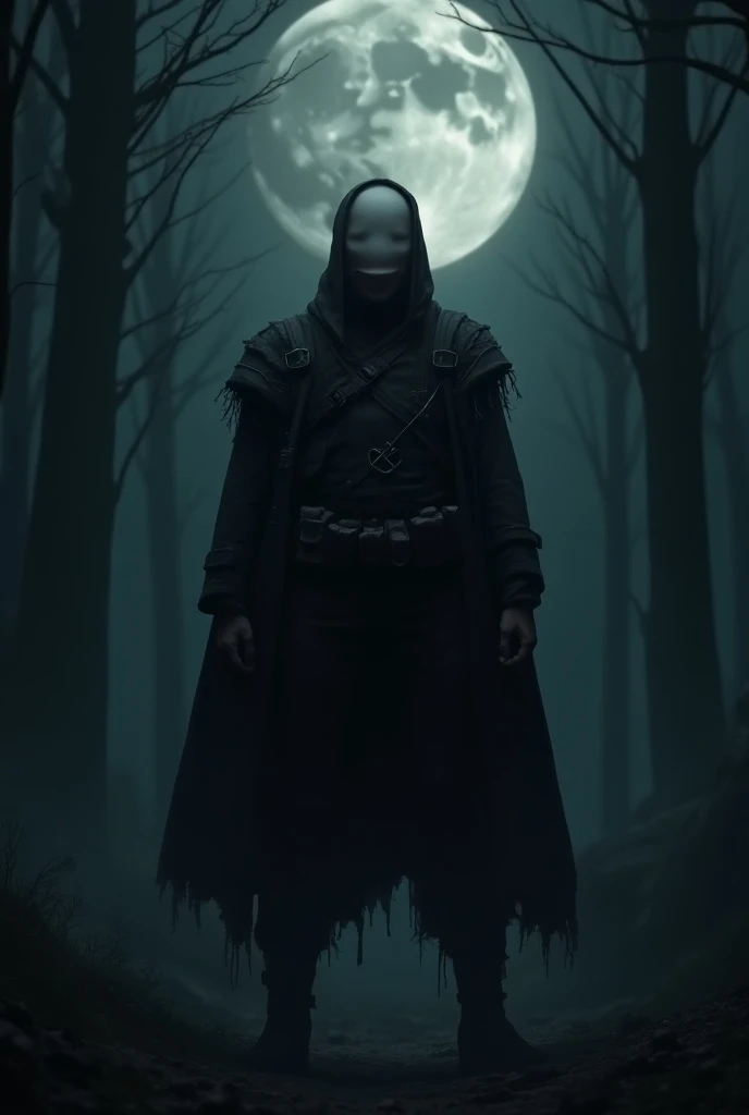 Smiling soldier with no eyes looking directly at the image on a new moon night, darkness, dark fantasy, dramatic light, by Aitor Throup, forest at nigh