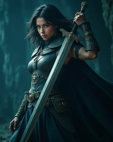 Beautiful 20 year old woman,  with black hair , gray-eyed, with warrior clothes, wielding a sword  