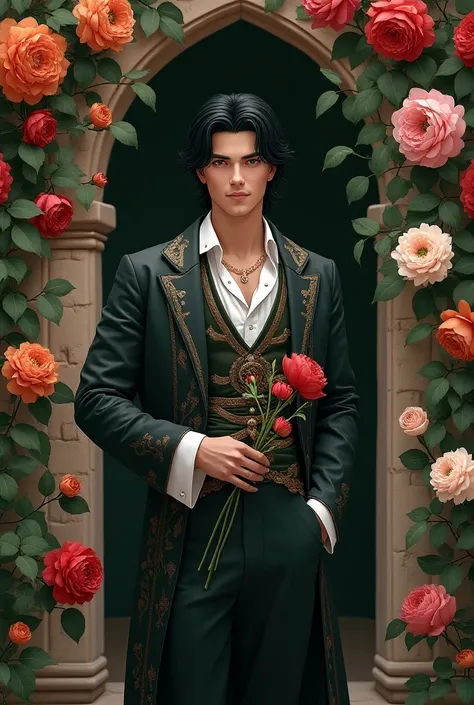 Shoulder-length black-haired man with dark green eyes wearing royal clothes leaning against a wall with flowers in his hands.