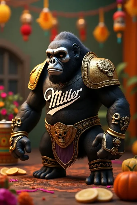 (photorealism:1.2),Miller beer, wgorilla strong armor,  day of the dead Mexico, skull, halloween.