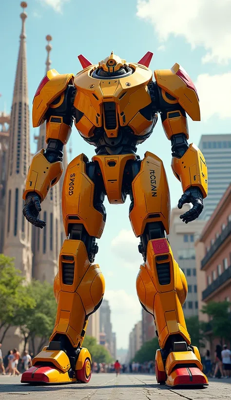 Giant Combat Robot for Spain: With a vibrant and energetic design, this robot has colors of yellow, red, and orange. It is positioned in Barcelona, alongside the Sagrada Familia.