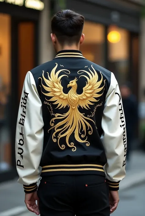 Jacket in white and black and gold with a phoenix and the name Phoenix and lower with the name Konie and on the sleeves that say promotion 2025 