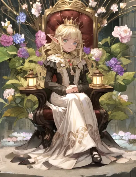 masterpiece, 1GIRL,elf queen,  PORTRAIT, full body SHOT, sitting in a throne of flowers,  LANTERN, BOOK,  [(taupe background: 1.4)::5], TBCC ILLUSTRATION  taxibdstl victorian dress elf dark theme