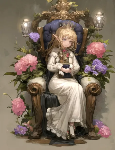 masterpiece, 1GIRL,elf queen,  PORTRAIT, full body SHOT, sitting in a throne of flowers,  LANTERN, BOOK,  [(taupe background: 1.4)::5], TBCC ILLUSTRATION  taxibdstl victorian dress elf dark theme