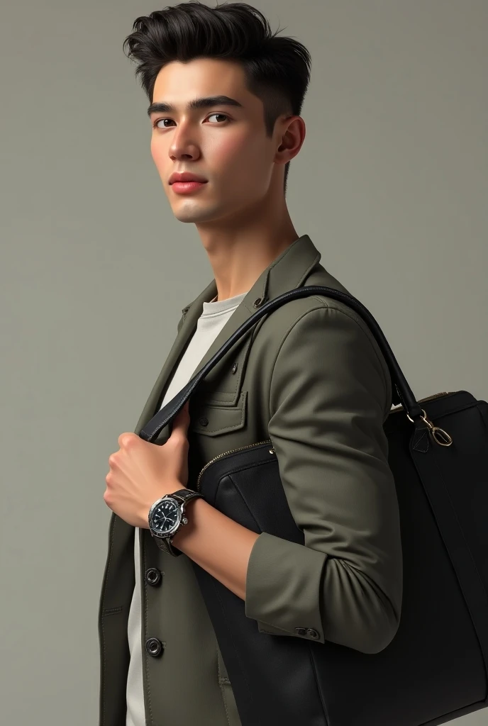 A real realistic young man carrying a famous international brand bag and a luxury wristwatch 