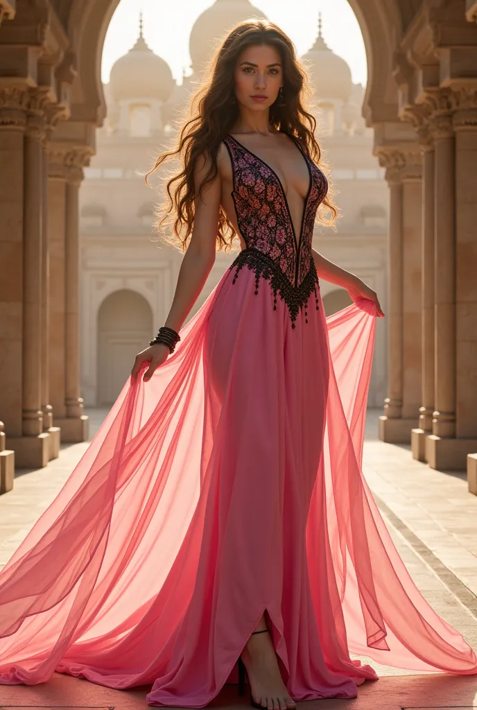 hyper detailed gorgeous arabian princess wearing an elegant long pink dress with black trim ((( hourglass figure, carne griffith...