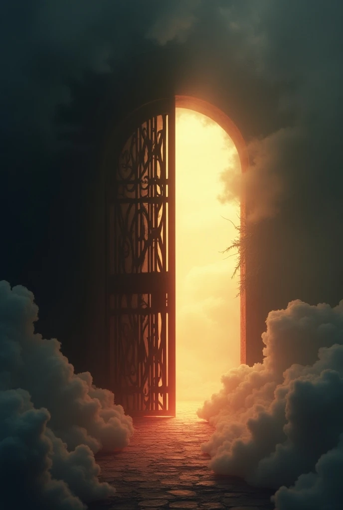 "A simple, surreal image showing two gates side by side. On the left, a dark gate to hell with iron bars and faint red light glowing behind it. On the right, a bright, heavenly gate surrounded by light clouds, with a soft golden glow coming through. The tw...