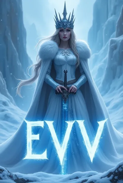 A frost warrior queen wearing a metal crown, there are glaciers around her. She is holding a shining sword. There is a text upside of her crown, writing "Aurora". The text should be with blue font. In front of her, there is a text writing "EVV" on the grou...