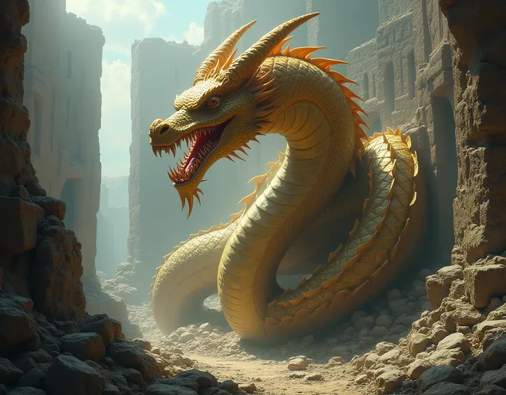 Dragon、Long neck、Big horn、 mouth lined with fangs、 golden scales、Ancient City