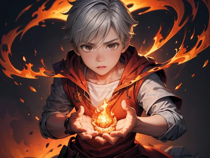 a boy using his fire elemental magic, illustration, masterpiece, detailed, light gray background, warm colors.