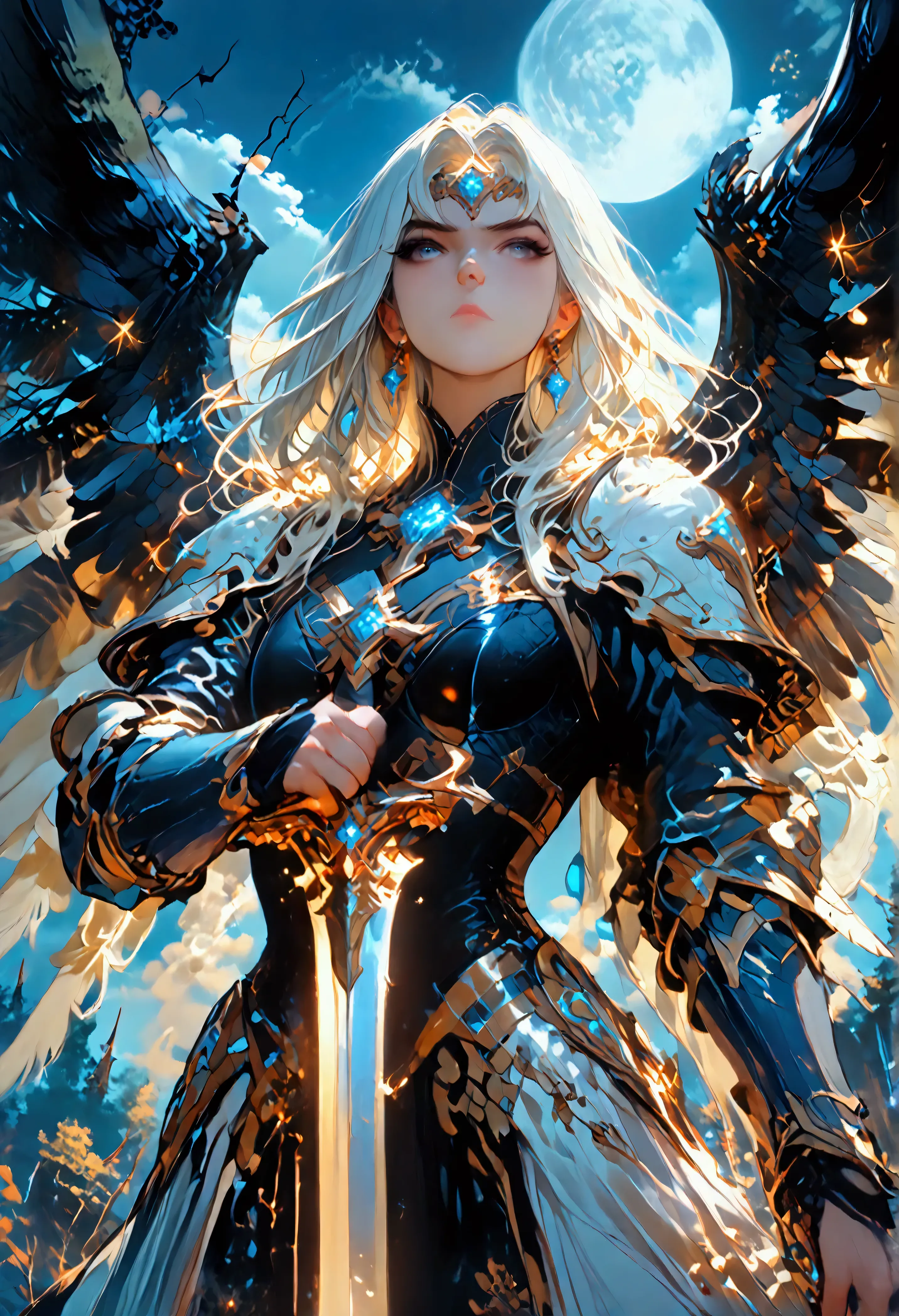 score_9, score_8_up, score_7, an epic fantasy art portrait of aasimar, female, paladin ready for battle under the full moon, hol...