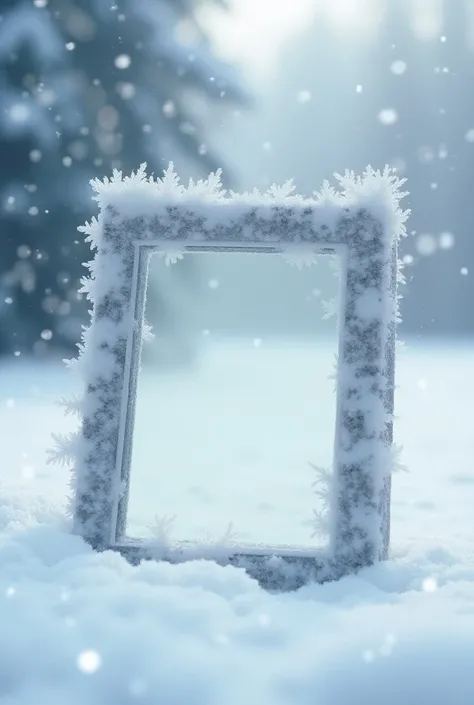 make a background with snowfall and a photo frame in middle with ice and snow on it