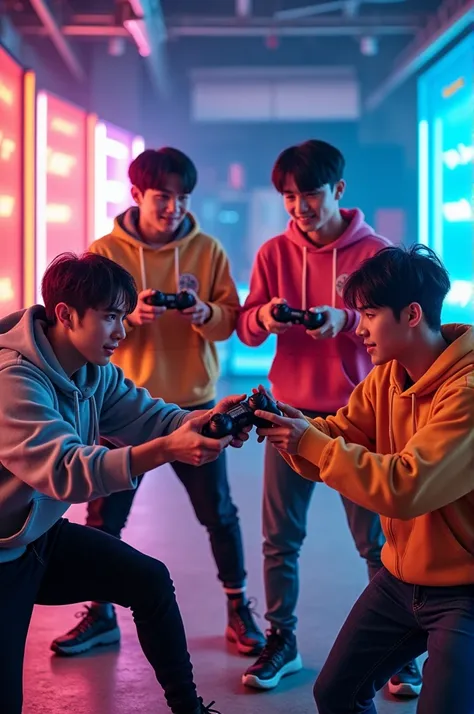 Photo of a male kpop group of four boys with the concept of games