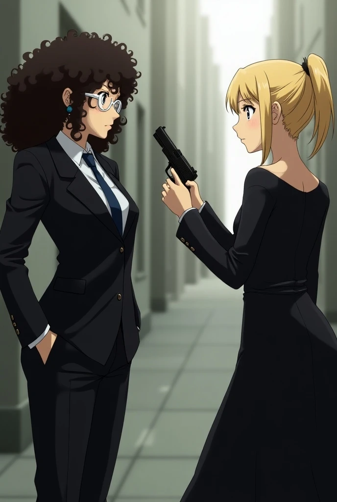 A CURLY HAIRED BRUNETTE GIRL WEARING WHITE GLASSES AND A BLACK SUIT AND TIE POINTS A GUN AT EACH OTHER AT A BLONDE GIRL WITH HER HAIR TIED UP IN A LONG BLACK ANIME-STYLE DRESS