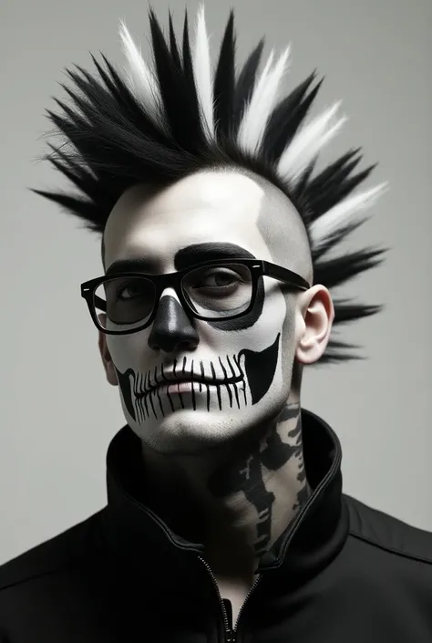 A white man that has a black and white mohawk  he has black son glasses on and from his nose to his neck there is a skull face paint black and white 