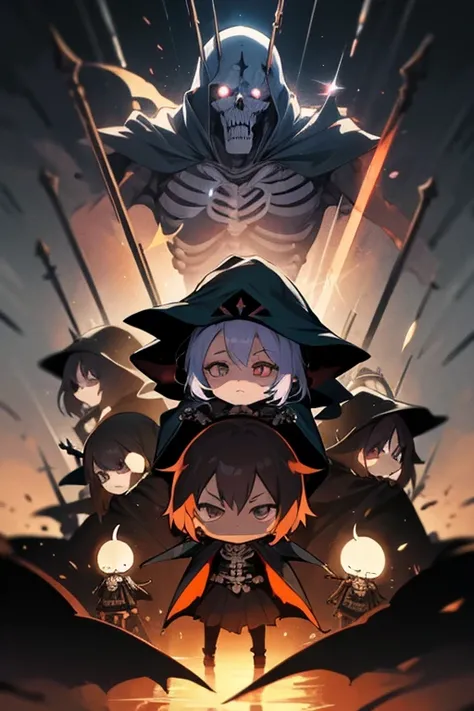  Anime style, Skeleton, Magic , Overlord, wizard cloak, dark, , chibi style. Cinematic lighting , 