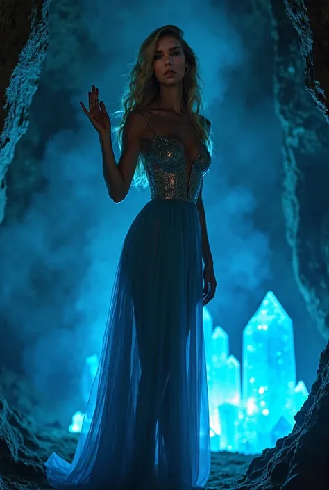  Invocation Ritual in a Cave Illuminated by Crystals
“She is a woman with a slender and toned figure . has warm skin tone,  complemented by her blonde and wavy hair that falls with volume on her shoulders .  His face is oval , with defined features,  big a...