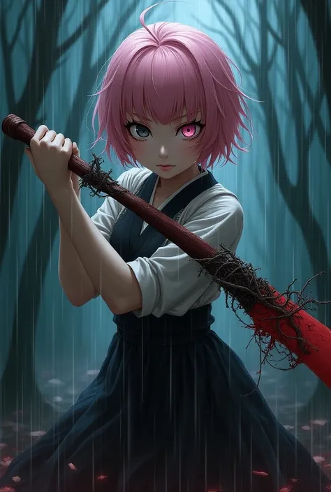 Woman with messy pink short hair with bangs while with eyes of a different color her right eye pink and the left eye of a different dark black color with white skin wearing a Japanese dress fights a rainy night forest watching the rain with a long scythe w...