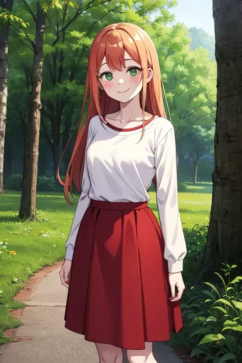 best quality, masterpiece, highres, solo, 1girl, ginger hair, long hair, freckles, smile, green eyes , pale skin, light yellow t shirt, long sleeves, 3/4 sleeves, blush stickers, collarbone, red skirt, long skirt, woods, smile, standing,