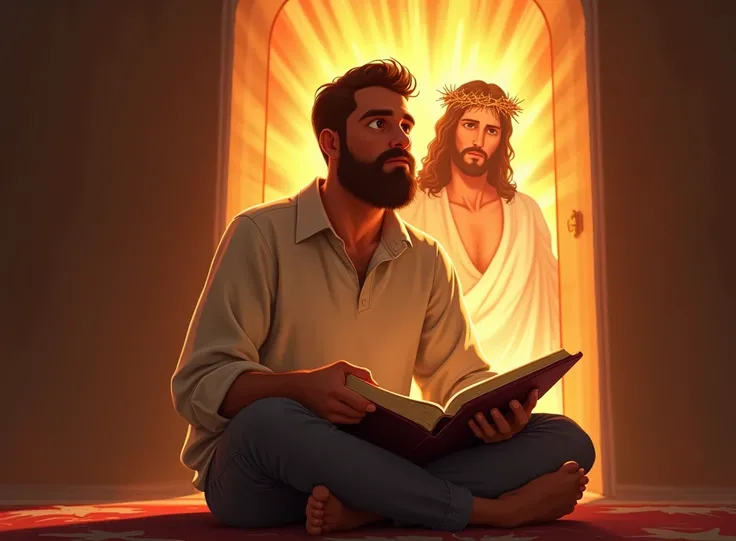  A man seated with an open Bible in his lap , looking thoughtfully. Behind him,  a vivid and ethereal image of Jesus wearing a crown of thorns appears,  surrounded by radiant light .  The mans expression is reflective and reverent , with heat,  soft lighti...