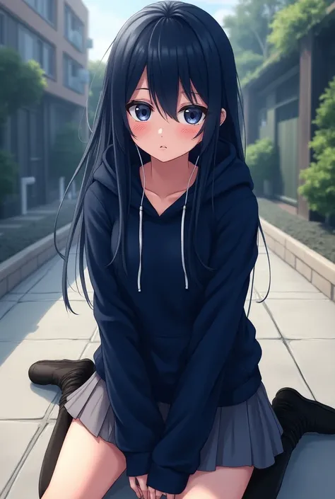 A young adult with dark blue hair with long black highlights and dark blue eyes,  navy blue hoodie and gray skirt with earphone ,  serious expression , sexy pose on the schoolyard floor ,  Anime style