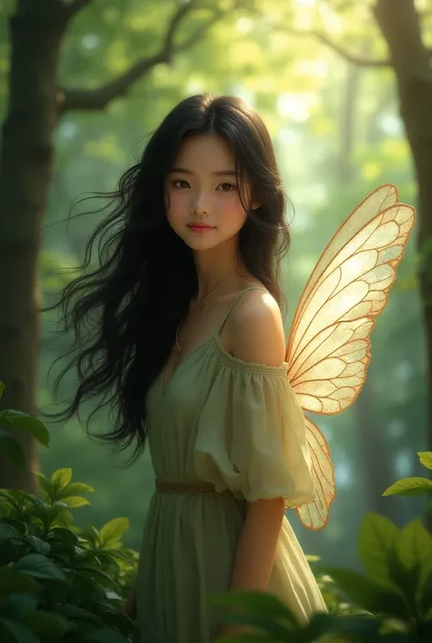 Beautiful girl with Asian features, black and wavy hair standing in a forest with small fairy wings