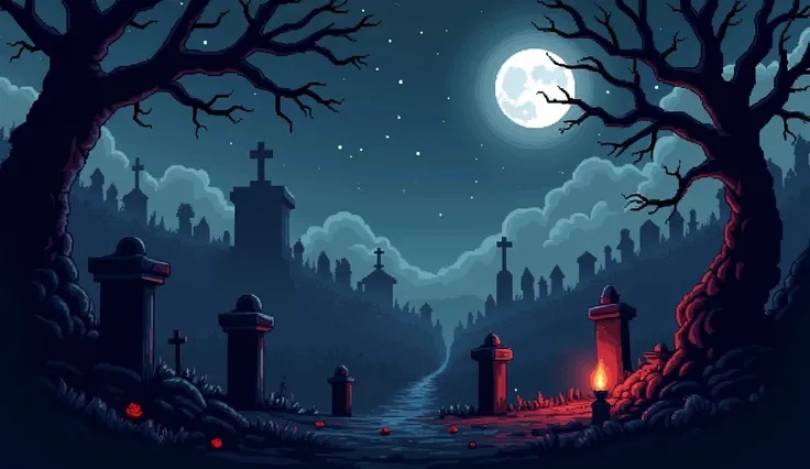 Generate a pixel background in a cemetery at night without characters with small red details