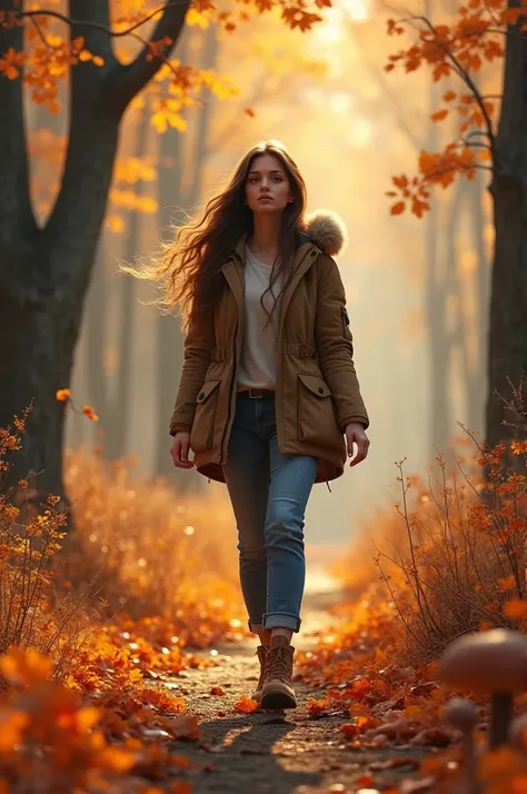 A young woman 24 years,brown long hair , brown eyes,  On an autumn trail  