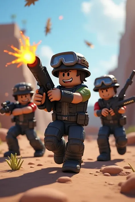 Robloxians playing an airsoft game with a Robloxian throwing a grenade