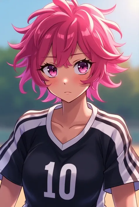 A teenager wearing a black and white volleyball team jersey and Rosas hair 