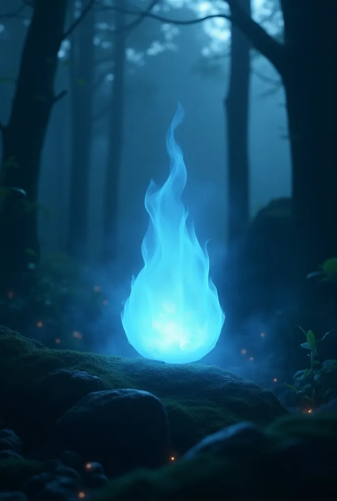 a mysterious will-o'-the-wisp in a misty forest, a ghostly blue-white flame and glowing orb, faint glowing spirit lights, the forest dimly lit by the glow of the will-o'-the-wisp, inspired by roleplaying game design, cinematic lighting, moody atmosphere, highly detailed textures and materials, high resolution, photorealistic, masterpiece