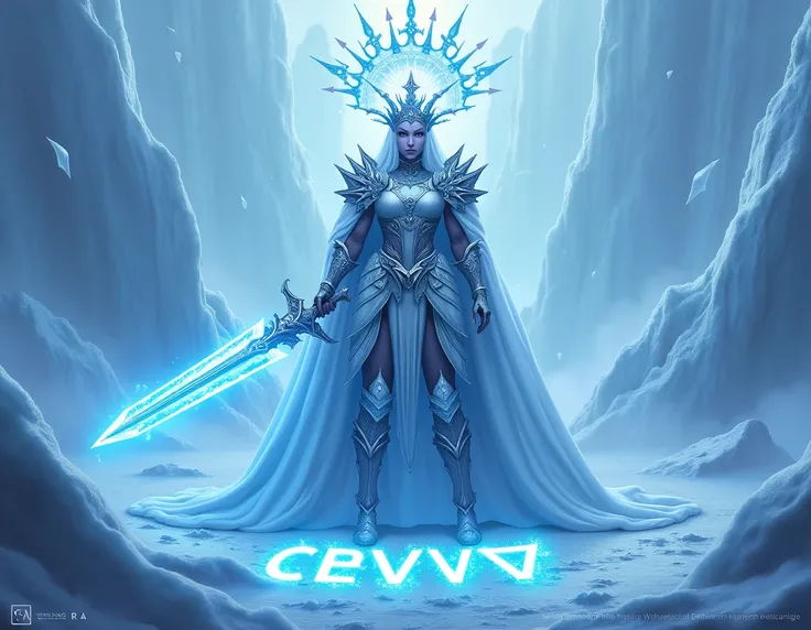 A powerful frost warrior queen stands amidst towering glaciers, wearing an ornate metal crown. She holds a shining sword with an icy glow. Above her crown, the word Aurora is written in bold, glowing blue letters, floating in the air. On the frozen ground ...