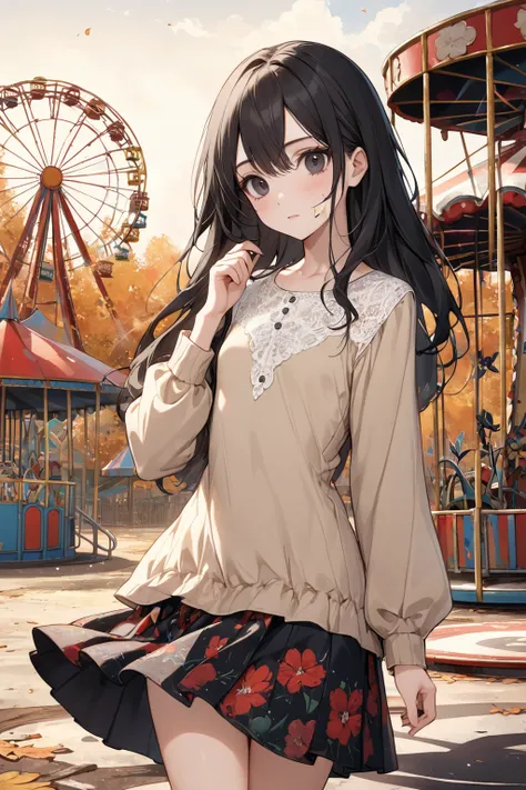 masterpiece, absurdres, best quality, extremely detailed eyes and face, natural skin texture, detailed skin, at uninhabited amusement park, autumn sky, 
BREAK 
beautiful woman, 30yo, black eyes, black long hair, (small breasts:1.2), (flat chest:1.2), (wide...