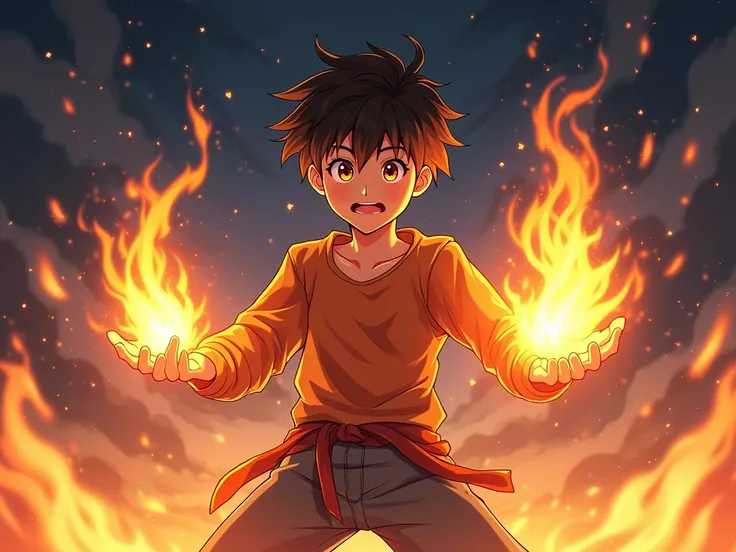 a boy using his fire elemental magic, illustration, masterpiece, detailed, night,stars, warm colors, anime drawing style.