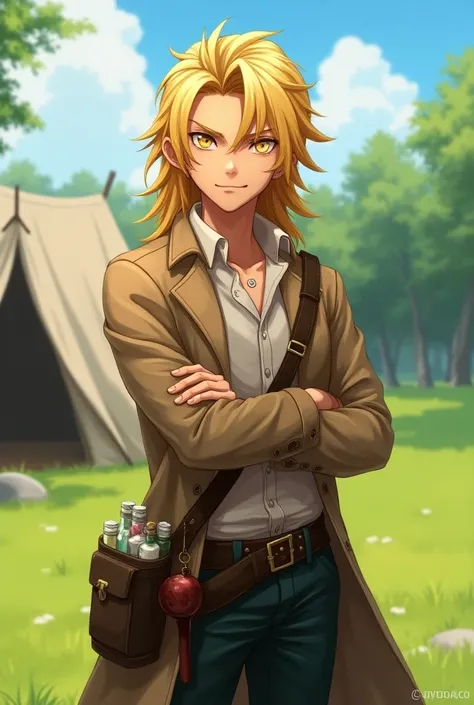 anime art somewhat realistic, rpg art, long blond hair, man in his 20 years old, golden eyes, sarcastic smile, victorian coat, white plain shirt, alchemist suplies on belt, tent on back ground, grass field on back ground