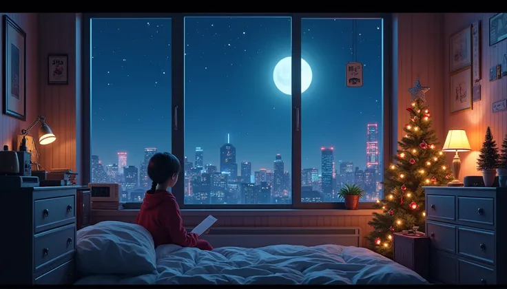 3d animation cinematic still of a cozy room, big windows with city view at night, stars on the sky, crested moon, christmas decoration, melancholic, sad vibes, bed is unmade,  cluttered with the mismatched furniture, The otaku style posters on the walls an...